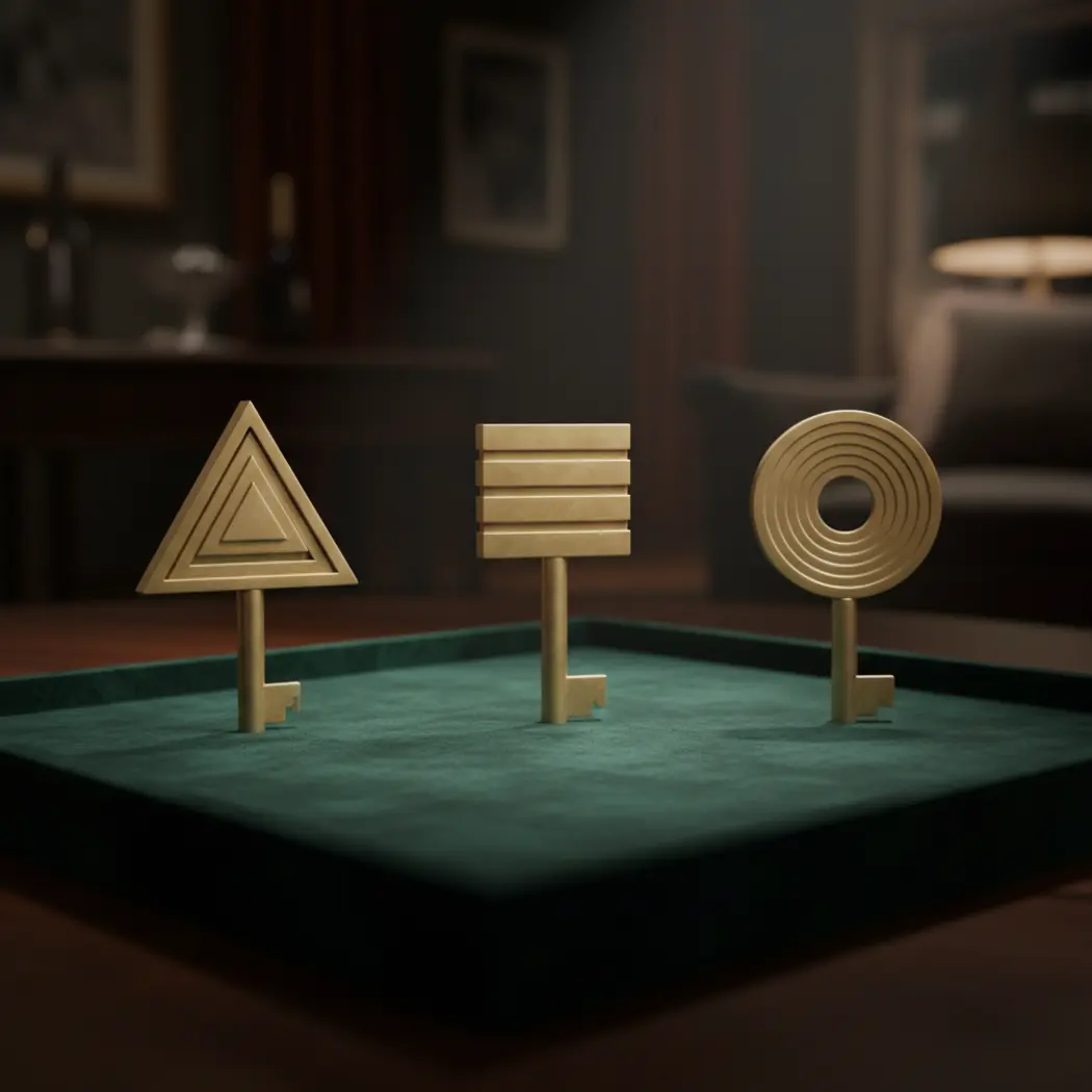 Three elegant brass keys on a velvet tray